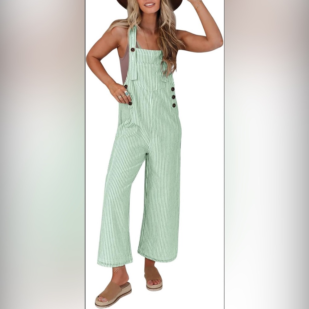 Fashions Woman’s Adorable Green & White Striped Coveralls Jumpsuit Romper Pants